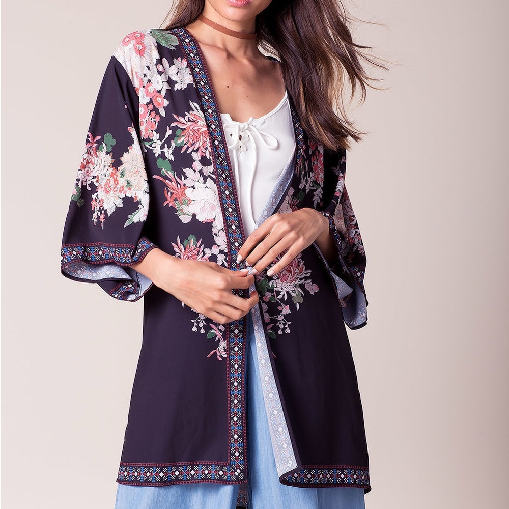 Black Floral Kimono Duster Cardigan Midi Cover-up Festival